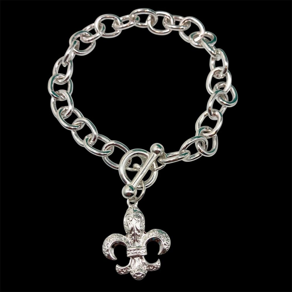 Fleur de Lis French Flower Charm Bracelet Silver Tone 8" Nola Saints Mardi Gras